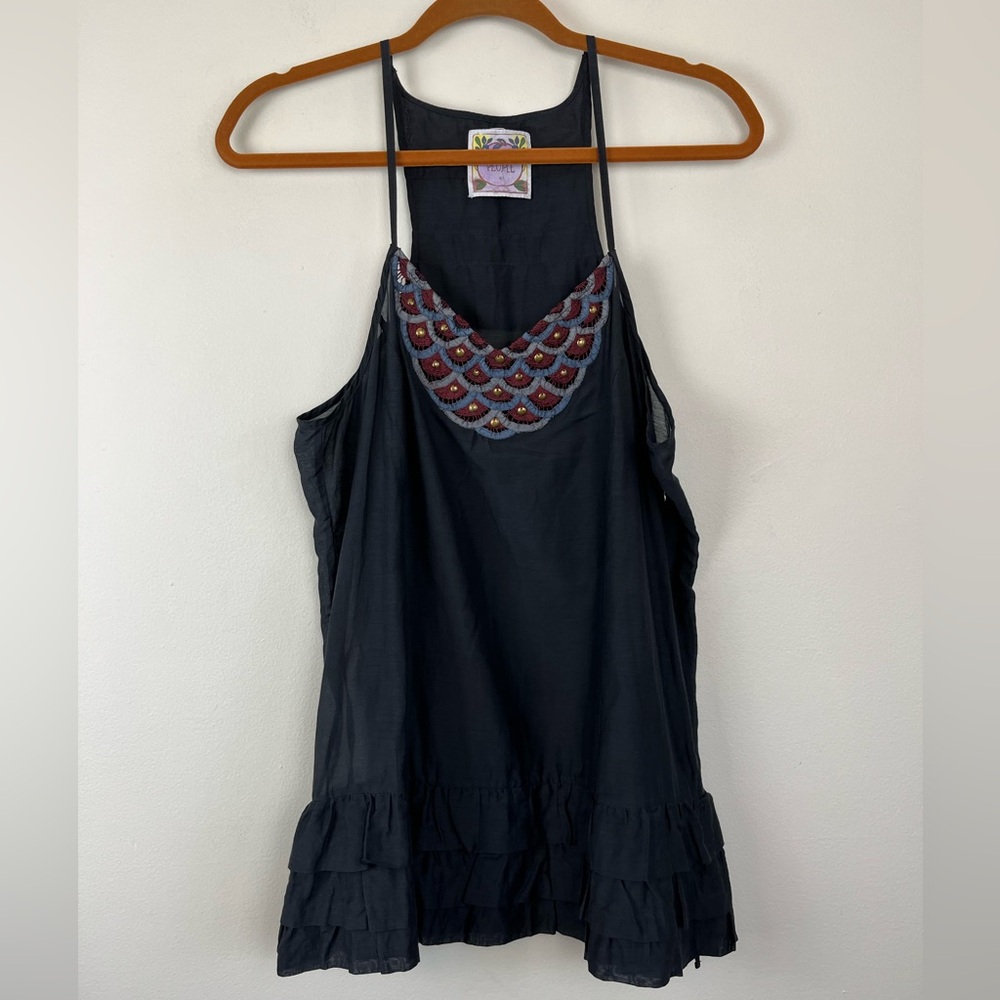 Free People Beaded Black Camisole Tank Top Cotton Silk Blend 12 - Picture 3 of 14
